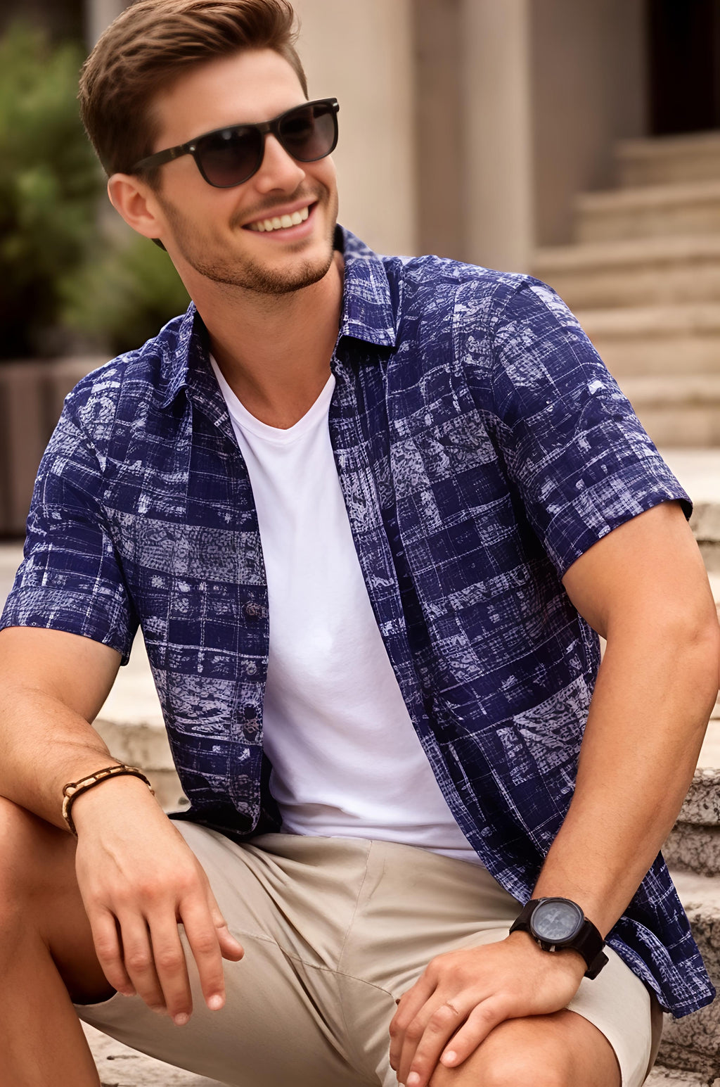 Printed Lycra Casual Shirt for Men – Navy Blue | Eighteen-X