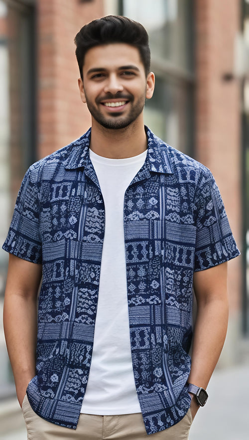 Printed Lycra Casual Shirt for Men – Navy Blue | Eighteen-X