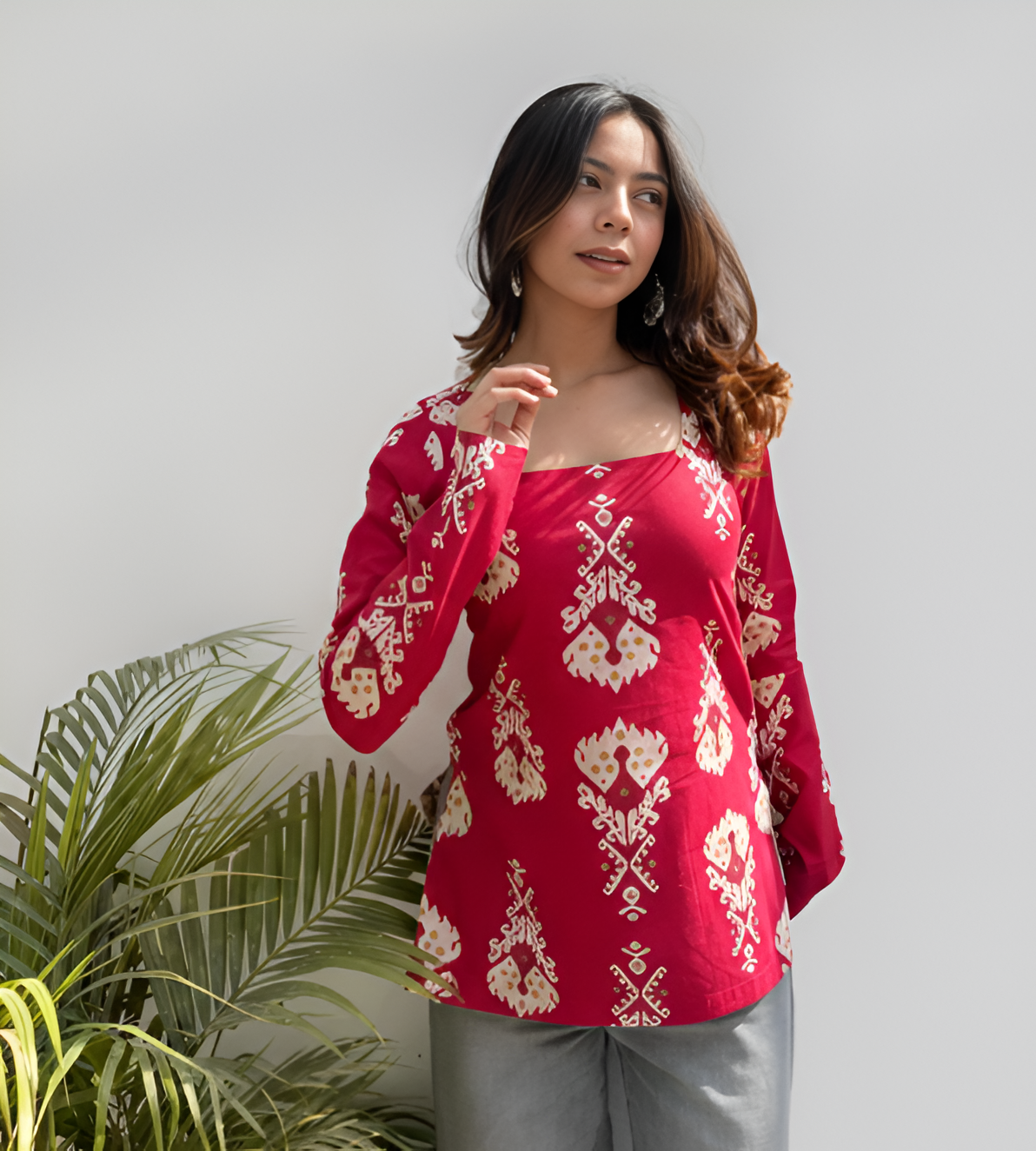 “Khumar” Pink Cotton Square Neck Floral Kurti