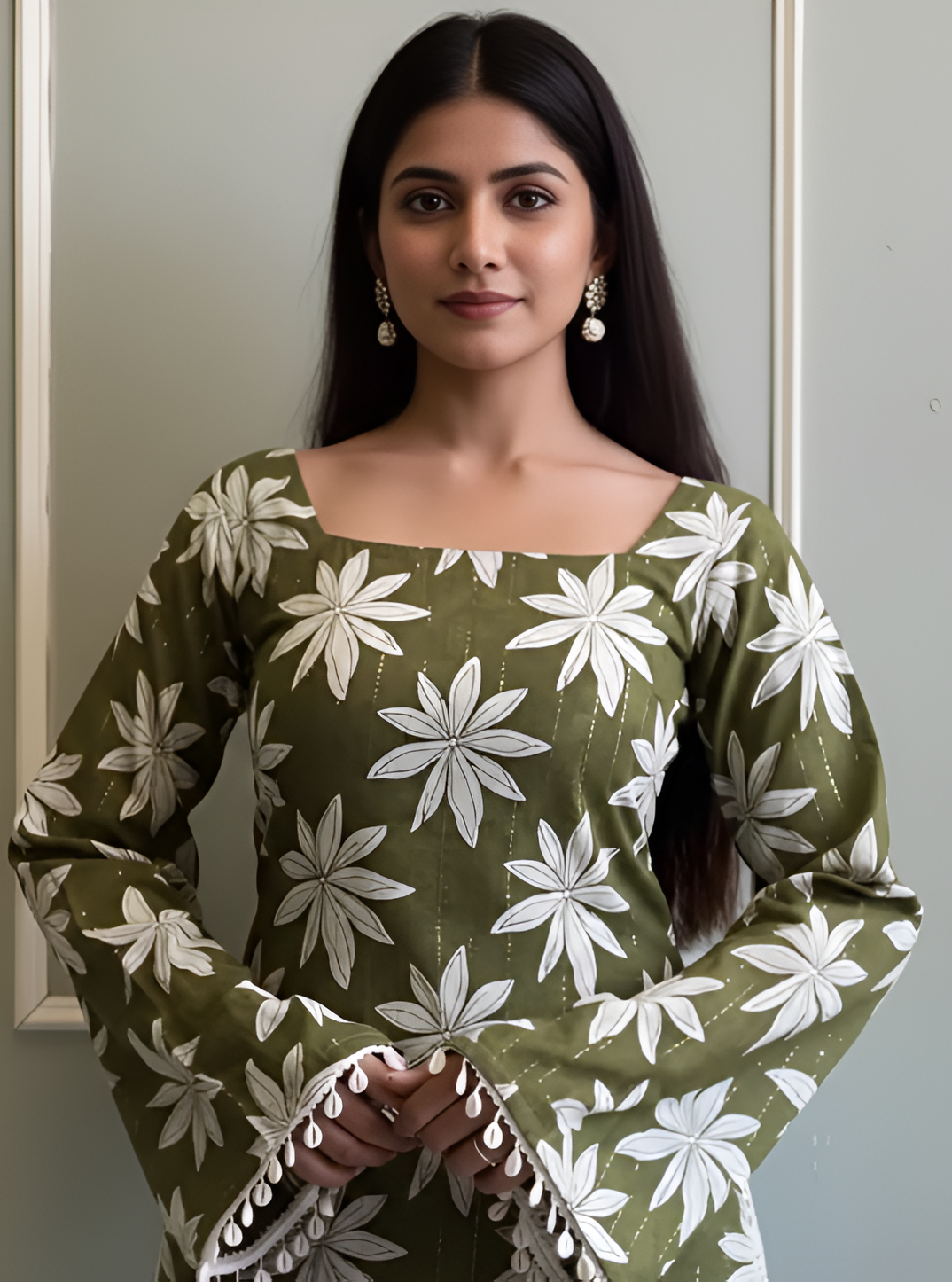 Green Floral Cotton Top with Boat Neck | Casual Wear