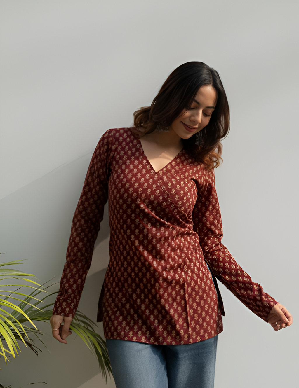 Ehsaas Red Floral Cotton V-Neck Short Kurti