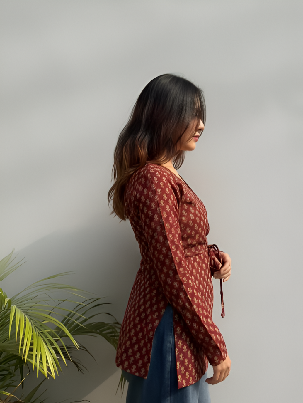 Ehsaas Red Floral Cotton V-Neck Short Kurti