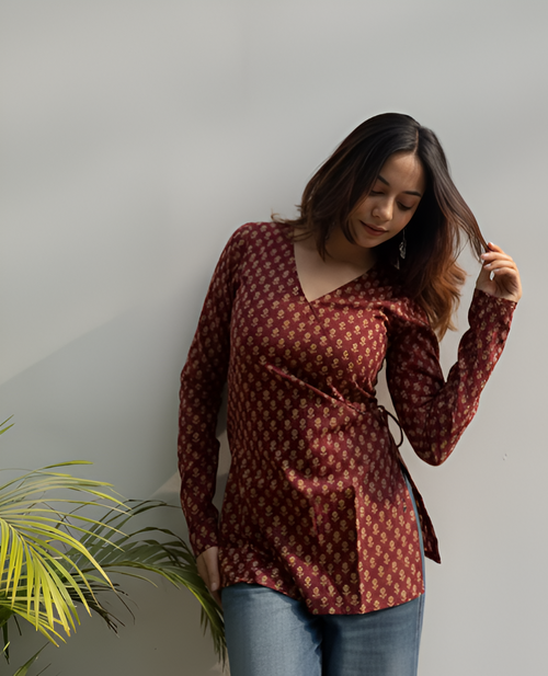 Ehsaas Red Floral Cotton V-Neck Short Kurti