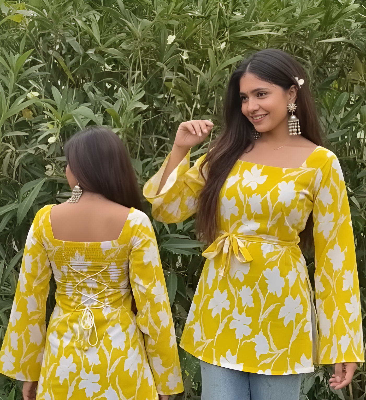 Yellow Floral Cotton Blend Short Kurti with Square Neck & Lace-Up Back | Party & Casual Wear