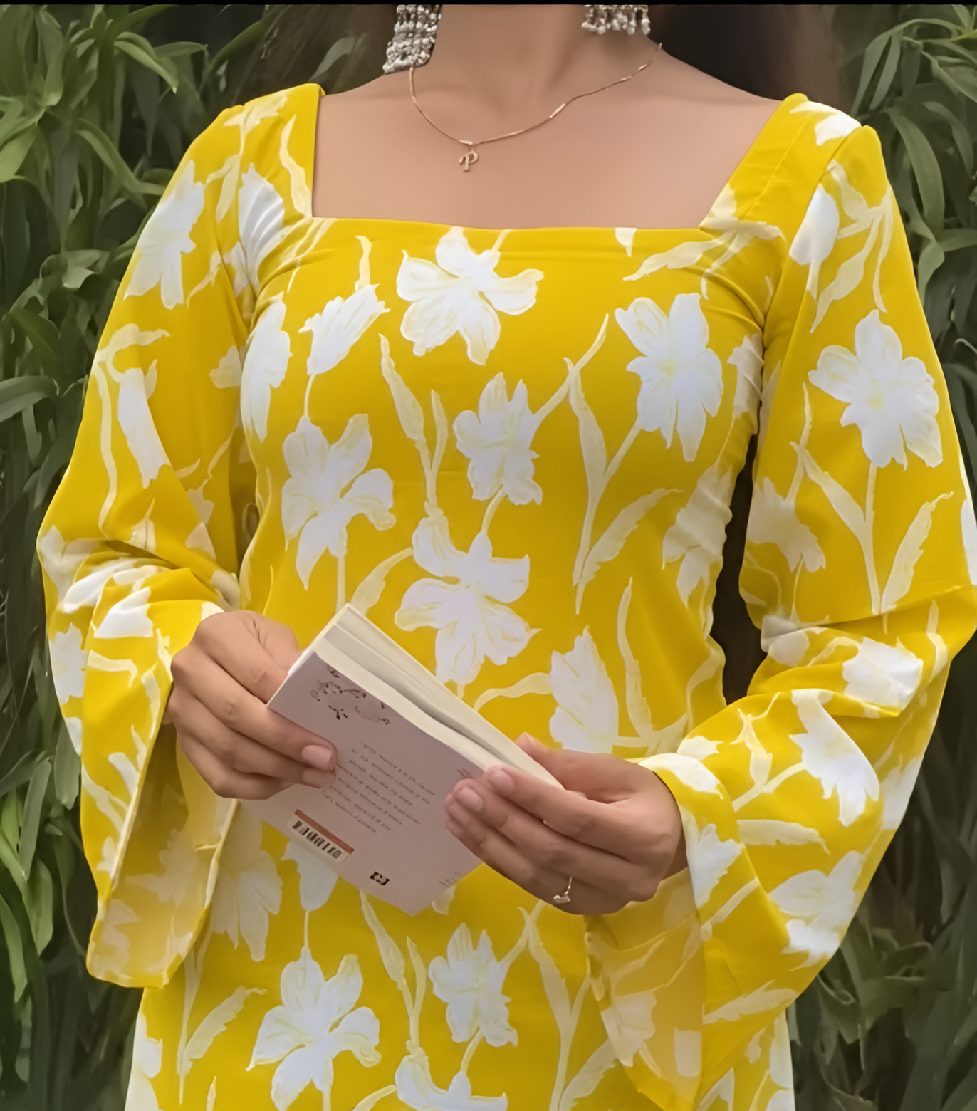 Yellow Floral Cotton Blend Short Kurti with Square Neck & Lace-Up Back | Party & Casual Wear