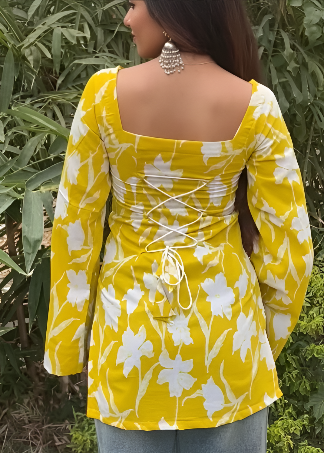 Yellow Floral Cotton Blend Short Kurti with Square Neck & Lace-Up Back | Party & Casual Wear