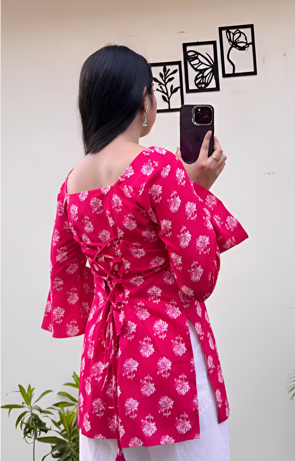 Pink Floral Rayon Short Kurti with Square Neck & Lace-Up Back