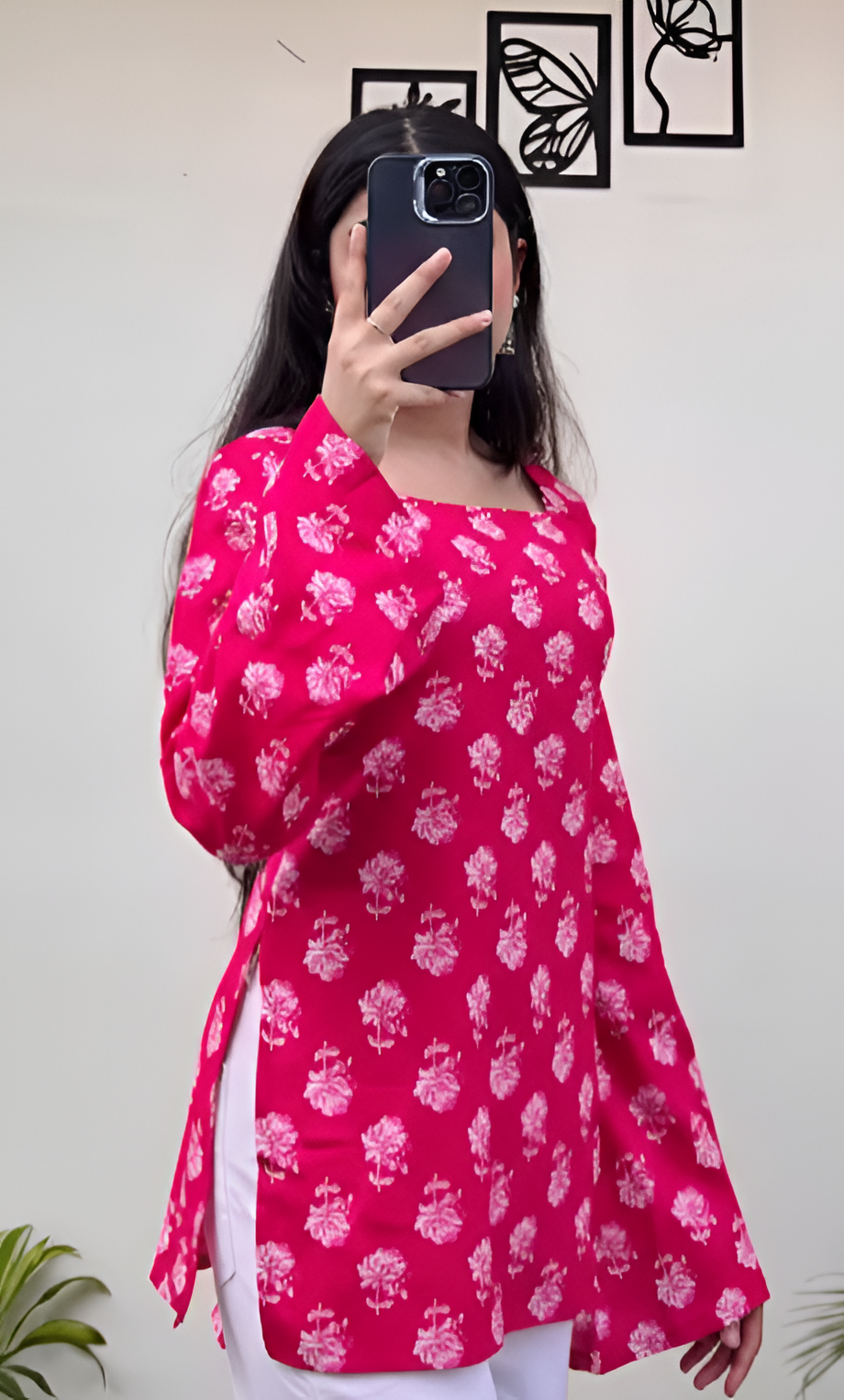 Pink Floral Rayon Short Kurti with Square Neck & Lace-Up Back