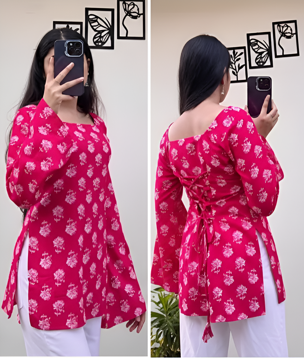 Pink Floral Rayon Short Kurti with Square Neck & Lace-Up Back