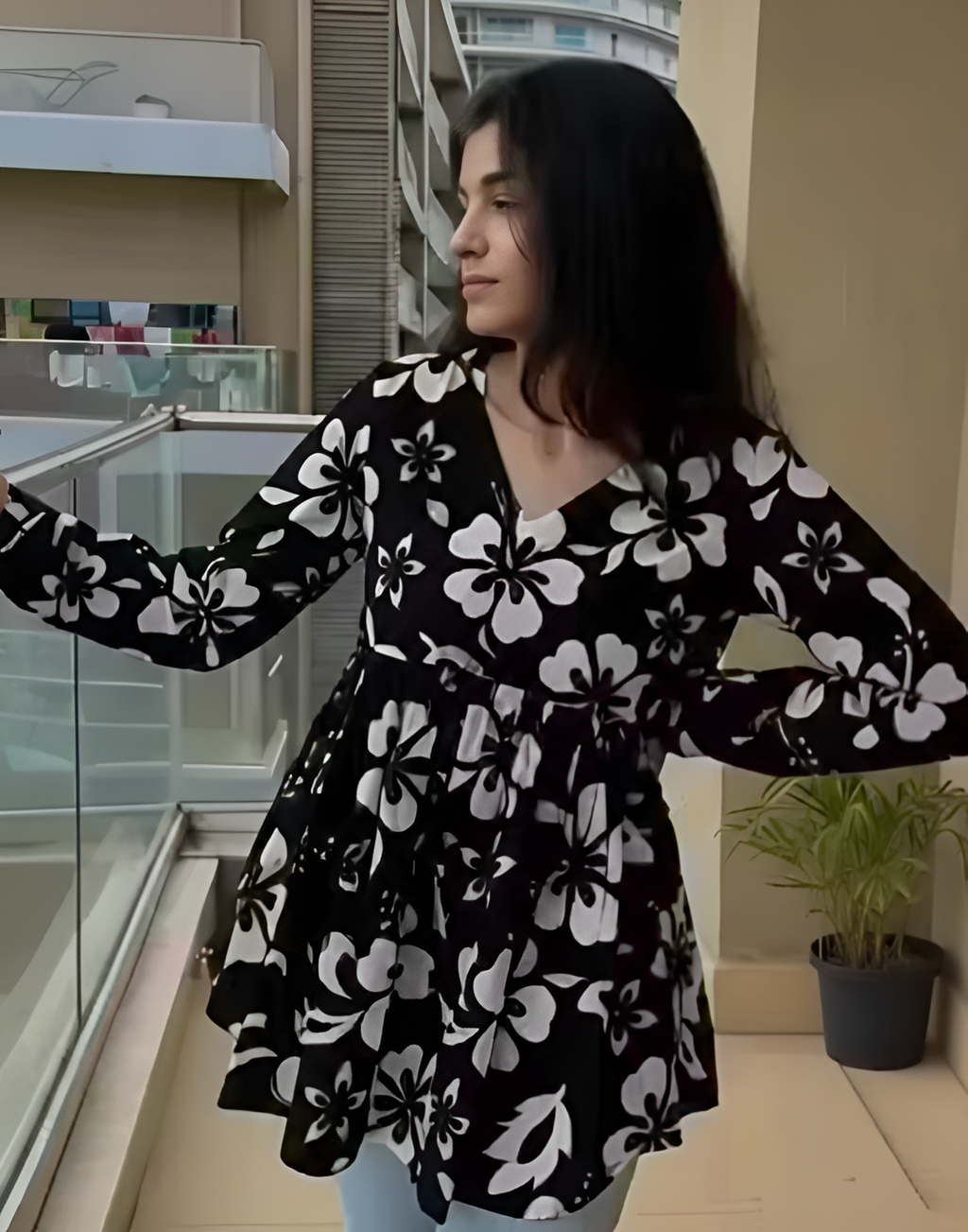 Black Floral Printed V-Neck Rayon Top for Women | Daily Wear
