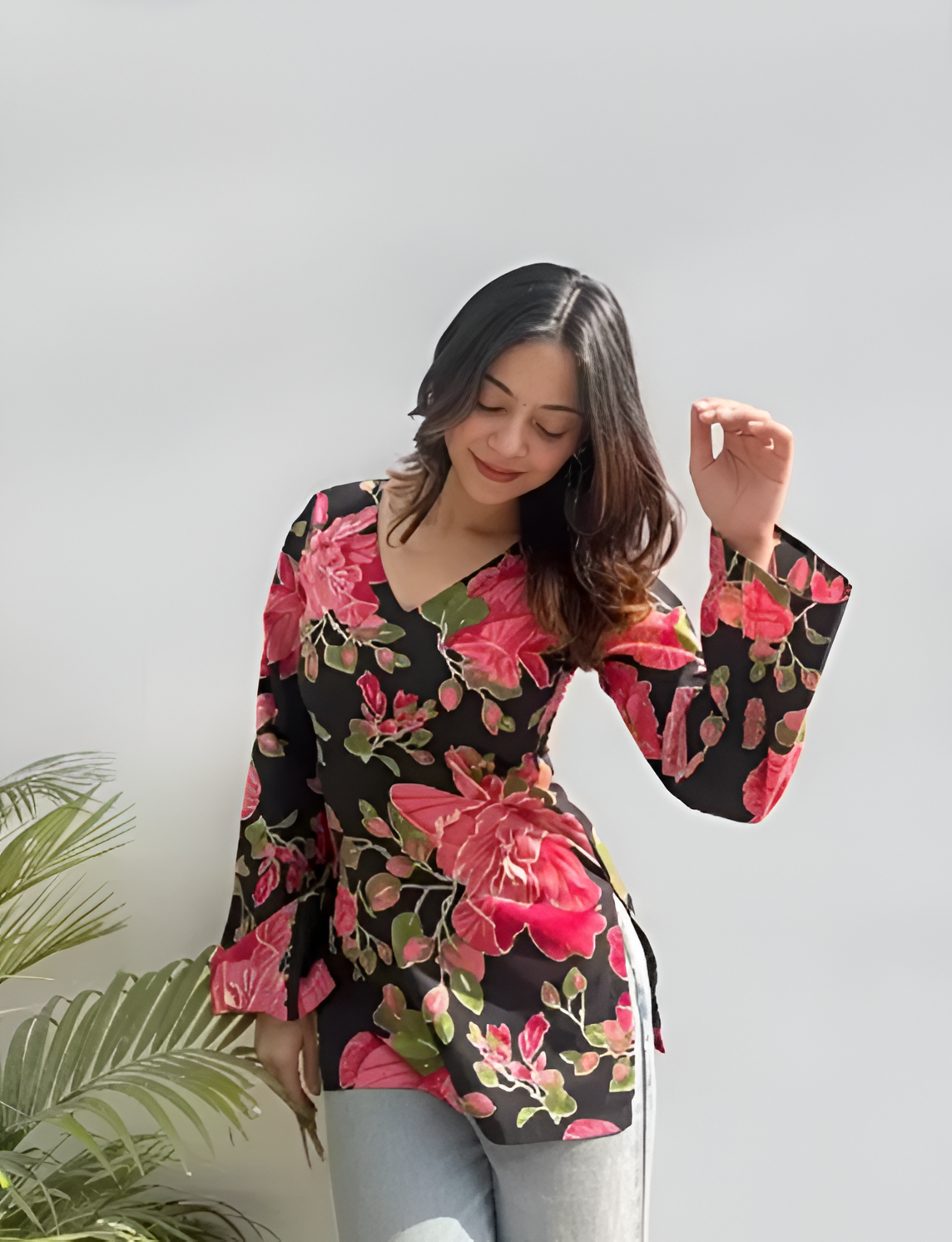 Maroon Floral Cotton Short Kurti for Women | V-Neck Daily Wear