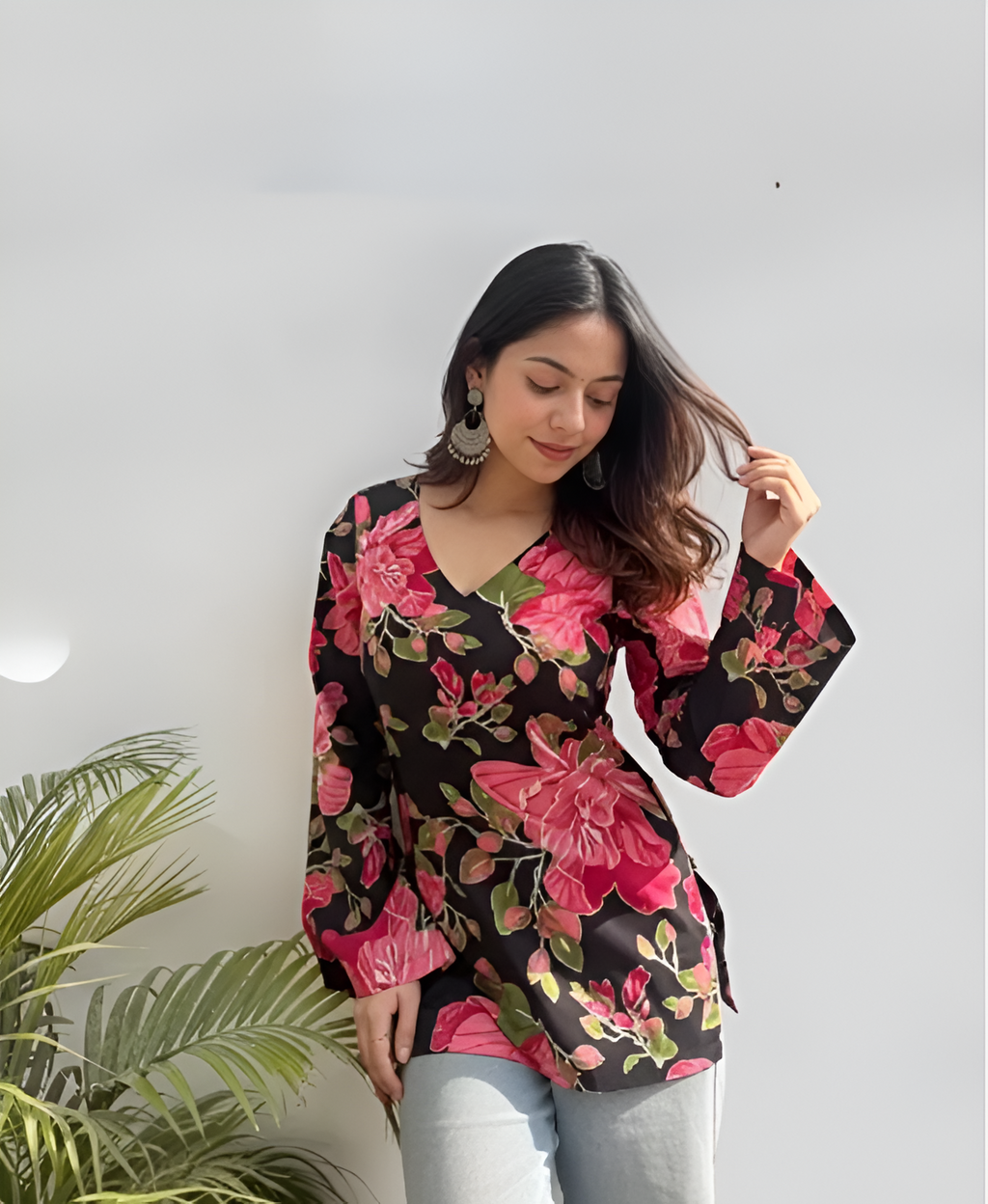 Maroon Floral Cotton Short Kurti for Women | V-Neck Daily Wear