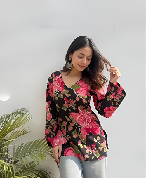 Maroon Floral Cotton Short Kurti for Women | V-Neck Daily Wear