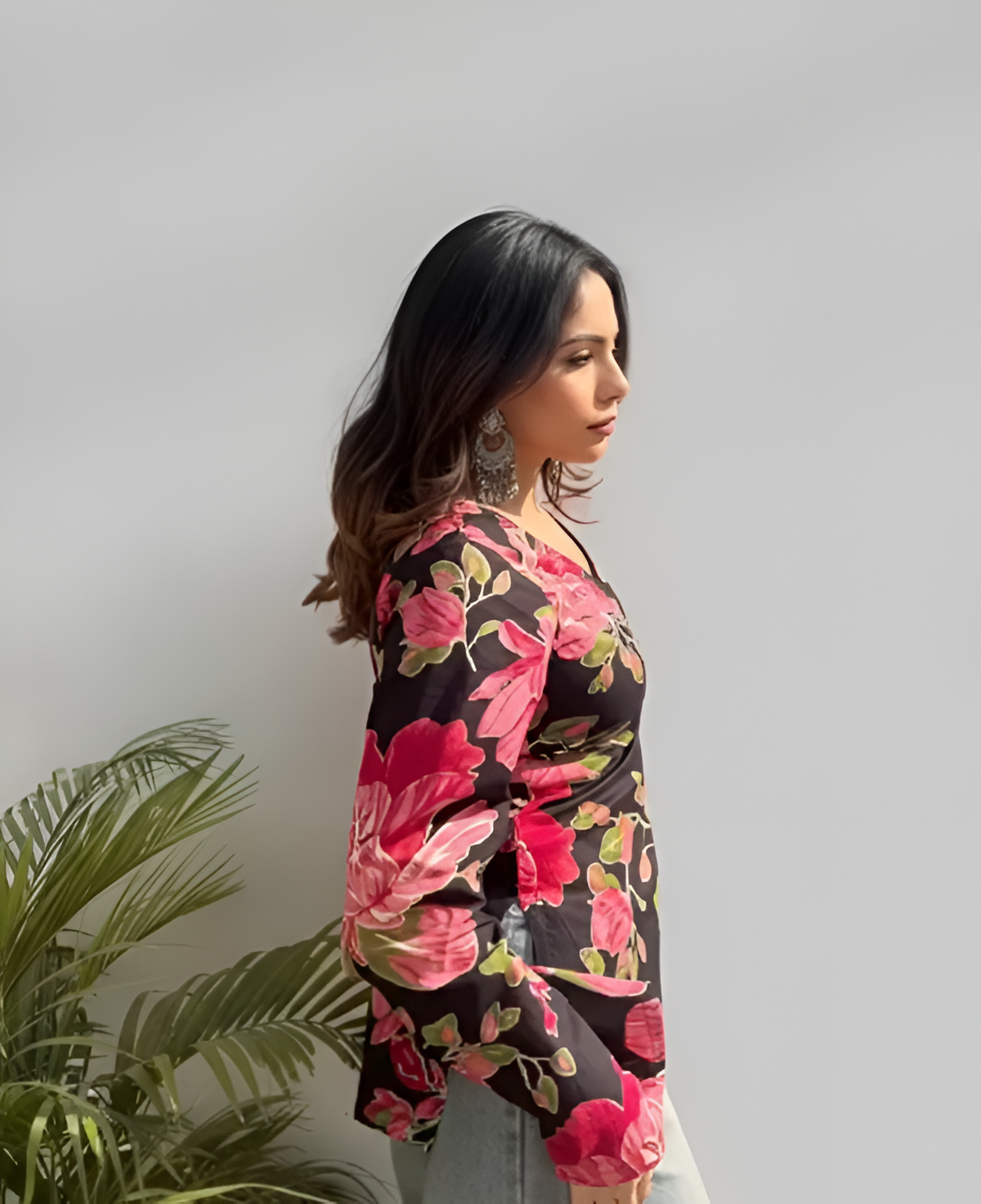 Maroon Floral Cotton Short Kurti for Women | V-Neck Daily Wear